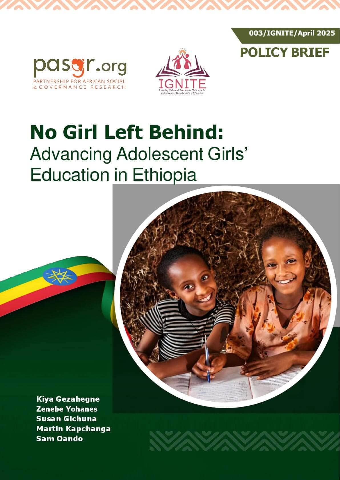 Adolescent girls in Ethiopia face persistent barriers to education, including sociocultural norms, economic constraints, and political challenges, particularly in rural areas. While enrollment has improved, issues such as early marriage, gender-based violence, and weak policy enforcement continue to hinder progress. Urgent action is needed through gender-responsive policies, community engagement, and strengthened legal frameworks to ensure girls’ safety and retention in schools. Collaboration among government, civil society, and grassroots organizations is crucial for creating an inclusive education system that empowers girls and secures their right to learn. This brief highlights key challenges and recommendations to improve adolescent girls’ education in Ethiopia, drawing on evidence from the political economy analysis of the Inspiring Girls and Grassroots Networks for Inclusive and Transformative Education (IGNITE) consortium project. , IGNITE
