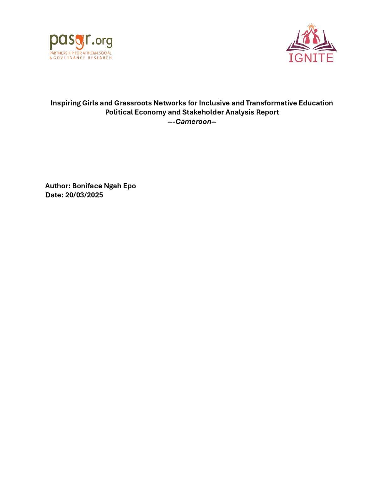 Political Economy and Stakeholder Analysis Report - Cameroon, IGNITE